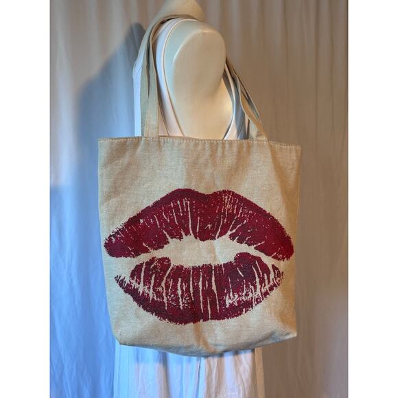Tote Bag Kiss Print Canvas Bag 17x14.5x3 - Broken Zipper - Picture 2 of 7